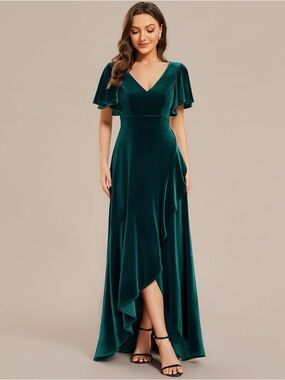 Ever-Pretty Emerald Green Velvet Dress | V-Neck Ruffle Sleeve